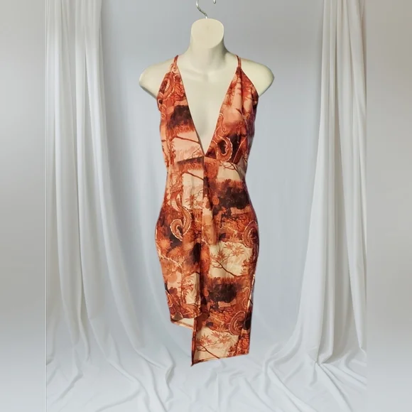 NWT PrettyLittleThing Pink Red Dragon Print Asymmetrical Halter Dress ~sz 8 - Picture 3 of 7